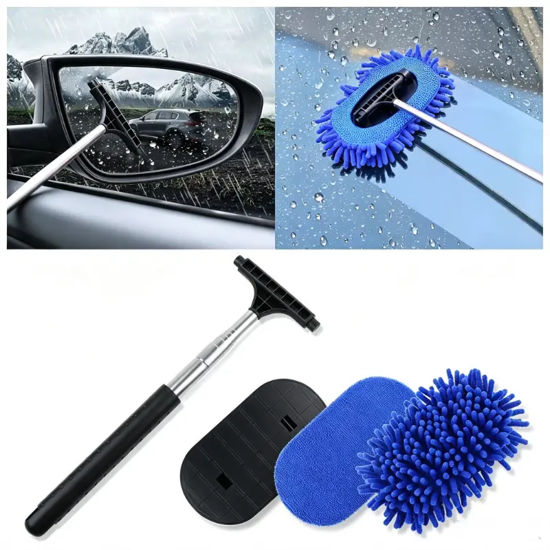 JOYTUTUS 3-in-1 Car Windshield Cleaner Tool Set, Expandable Retractable Adjustable Length Handle, 180° Angle Swivel Head, 2 Reusable Microfiber Pads for Auto Inside/Outside Cleaning