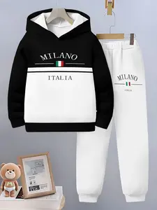 Boys Spring Fall Sports Set, Colorblock Milan Italy Theme Hoodie and Pants Two-Piece, Casual Fitted Kids Clothing