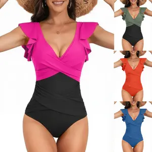 2026 European and American solid color swimsuit, feminine bikini, one-piece triangle ruffle swimsuit in stock