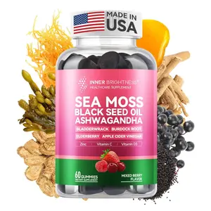 Sea Moss Gummies with Ashwagandha, Elderberry, Apple Cider Vinegar, Bladderwrack, Burdock Root & Black Seed, Inner Brightness Sea Moss Gummies for Immune Support – Mixed Berry Flavor, 60 Count