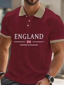 England Flag Print Polo Shirt, British Style Colorblock Collar Short Sleeve, Men's Business Casual Top, Ideal for Commuting, Meetings, Travel