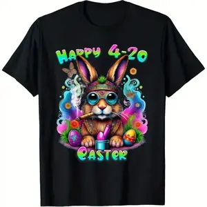 Cotton Happy 420 Easter Bunny Smoking Funny Men'S Novelty T-Shirt,Perfect Gift for Men, Women, Parents And Friends