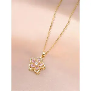 Women’s Gold Plated Floral Pendant Necklace with Rhinestone Accents, Elegant Fashion Jewelry Gift for Mother’s Day, Birthday & Daily Wear, Lightweight Sparkly Aesthetic Accessory for Women summerwins