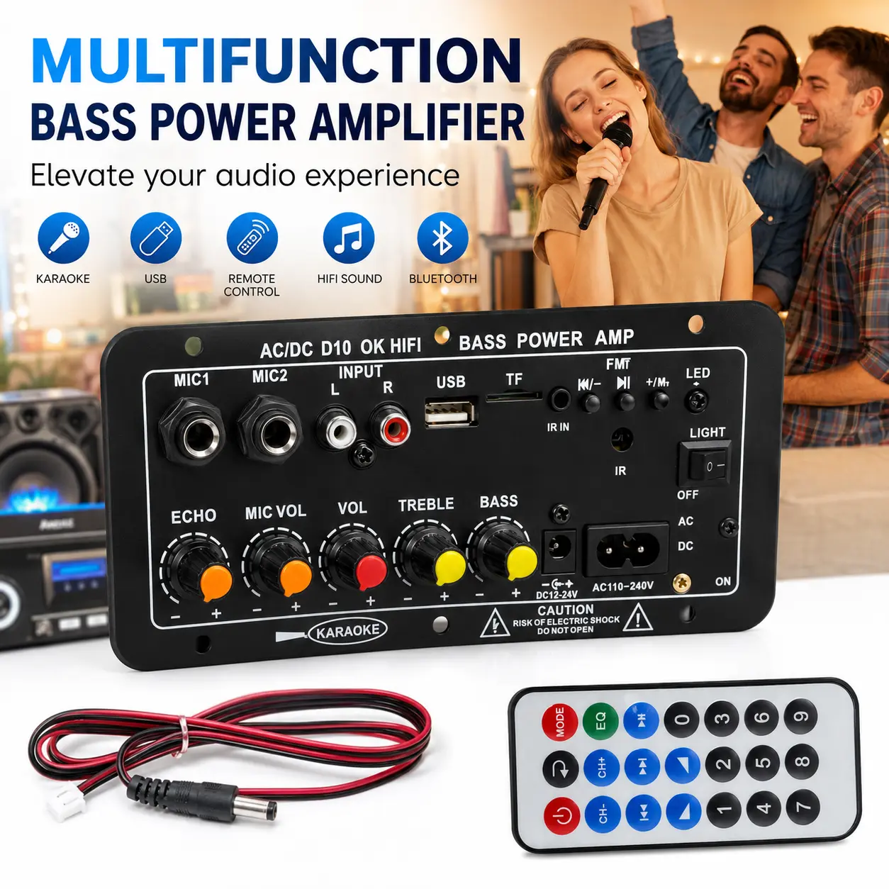 D10 HIFI Bass Power Amplifier Board AC/DC Dual Power Karaoke Audio Amp Module With Mic Echo Treble Bass Adjust, Bluetooth USB TF FM Radio Function, Remote Control For DIY Speaker Subwoofer