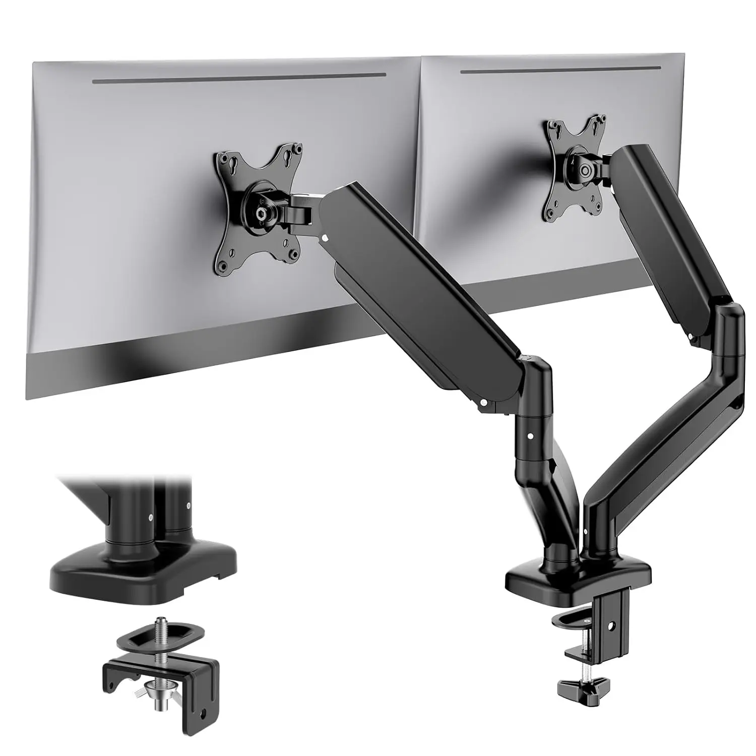 Dual Gas-Spring Monitor Arm (13–32") — Full-Motion Tilt/Swivel & 360° Rotate, VESA 75/100mm, Clamp & Grommet Mount, 4.4–17.6 lb Per Arm