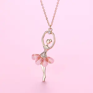 1pc Zinc Alloy Ballet Dancing Girl Pendant Necklace For Little Girls, Pink Resin Inlayed Rhinestone Pendant, Size: 6x2cm; Suitable For 7-14 Years Old Girls For Daily Use