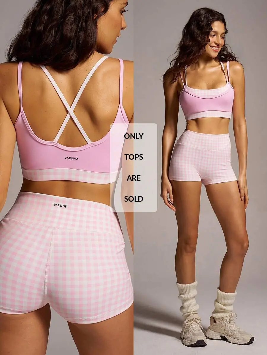 Women's Plaid Patchwork 2 In 1 Sports Modest Bra Activewear Gym Light Pink Summer.