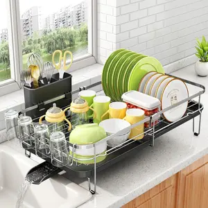 Dish Drying Rack, Expandable Dish Rack for Kitchen Counter, Stainless Steel Dish Drainer with Utensil & Cup Holder 13.8"-22.6" L x 12.1" W ()