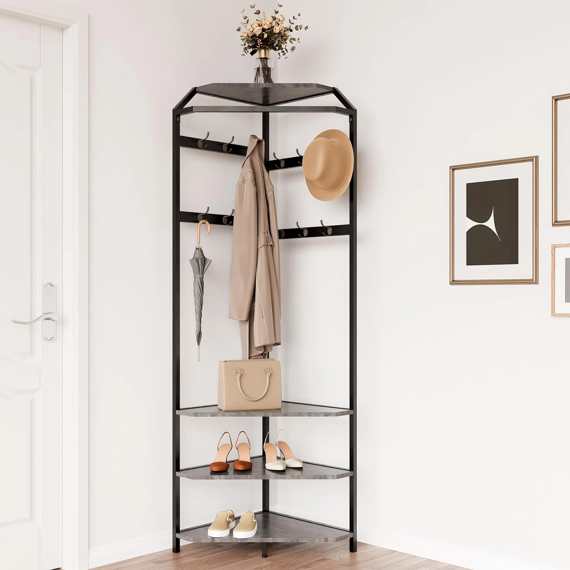 Space-Saving Corner Hall Tree with Shoe Bench, Entryway Coat Rack with 6 Double Hooks & Shoe Storage Shelf, Floor Standing Standalone Clothes Organizer for Hallway, Entryway, Floor Standing Coat Racks, Standalone Coat Racks