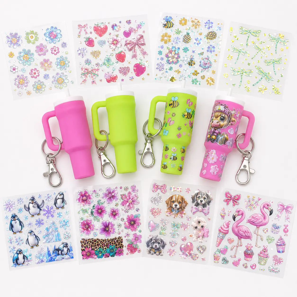 20pcs Luminous mini cup keychain and cartoon Holographic minicup sticker Set