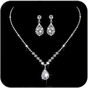 Jewelry Set, Bride Silver Bridal Necklace Earrings Set Crystal Wedding Jewelry Set Rhinestone Choker Necklace For Women, Jewelry Sets For Women, Silver Jewelry Set (Set Of 3) (NK144-3)
