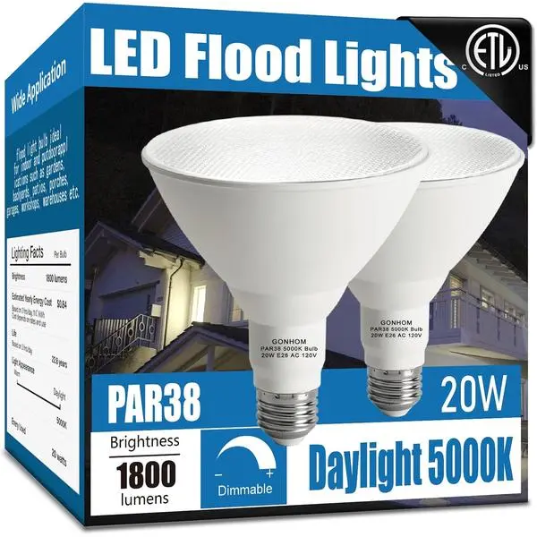 Gonhom Par38 led Flood Lights Outdoor Light Bulb,Dimmable 1800LM,20W Replace up to 200W,Outdoor Flood Light Bulbs for Backyard,Garage,Porch,Garden,2 Pack 5000K Daylight