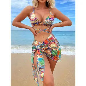 3 Pieces String Bikinis 2024 Women Sexy Swimsuit With Skirt Printed Swimwear Female Bathers Bathing Swimming Swim Suit Beachwear