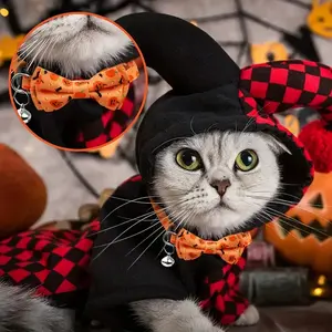 Halloween Festive Cartoon Pattern Polyester Cat Collar with Bell, Adjustable Breakaway Pet Necklace with Safety Buckle, Cat Jewelry Accessory