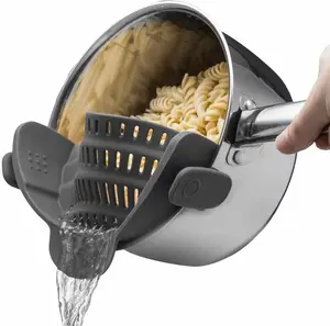 Silicone Pasta Strainer Clip-On for Pots and Pans - Heat Resistant Colander for Vegetables and Noodles - Kitchen Gadgets for Cooking - Space-Saving Design - Gray