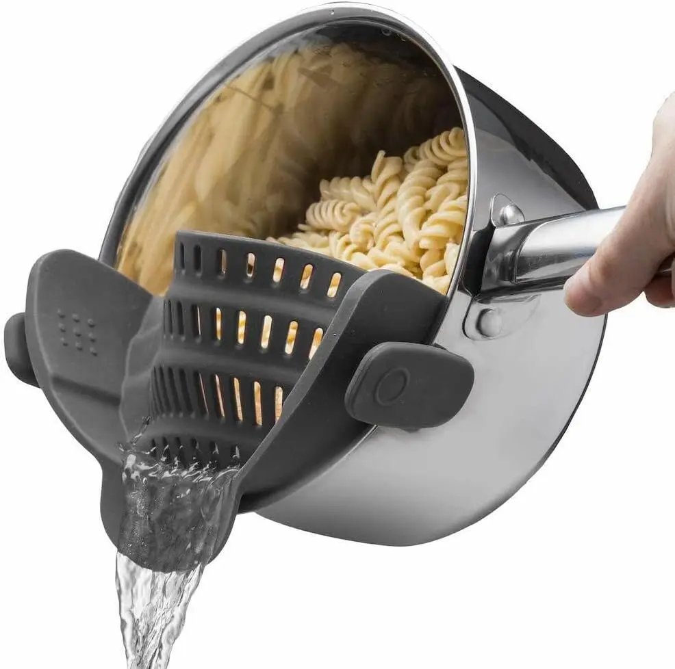 Gray Silicone Clip-On Pasta Strainer for Pots and Pans - Heat-Resistant Kitchenware Colander for Draining Vegetables, Noodles - Space-Saving Utility Utensils for Cooking,campingessentials,campinggear