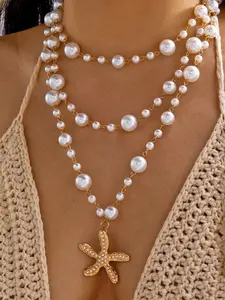 Boho Luxury Beach Vacation Necklace, Oversized Long Pearl Starfish Pendant, Perfect for Coastal Getaways, Stylish Summer Jewelry
