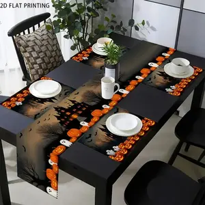 1 piece/4 piece/5 piece set/7 piece set, Halloween Day of the Dead pumpkin patterned table flag and placemat set, Kitchen Decorative Placemat, suitable for indoor and outdoor seasonal celebrations as restaurant kitchen accessories