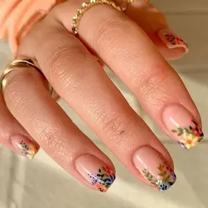 Spring Floral Press-On Nails | CurvLife Nail | 24pcs Short Oval Fake Nails | Natural Nude Glossy Finish with Subtle Floral Accents | Easy to Apply, Comfortable Fit & Long-Lasting Hold | Perfect for Daily , Business Settings & Elegant Spring-Themed Events