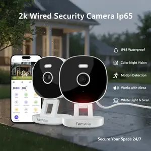 2K Wired Security Camera, Indoor/Outdoor for Home, Pet, Baby, Nanny, IP65 Waterproof Color Night Vision, White Light & Siren, Recording, Motion Detection, Works with Alexa, Plug in, White-2P