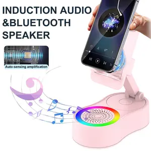 Wireless Induction Speaker, Phone Stand with Bluetooth Speaker Amplifier, Stereo Sound, RGB Ambient Light, 360° Adjustable Phone Holder Compatible with iPhone/iPad/Android/Samsung Galaxy
