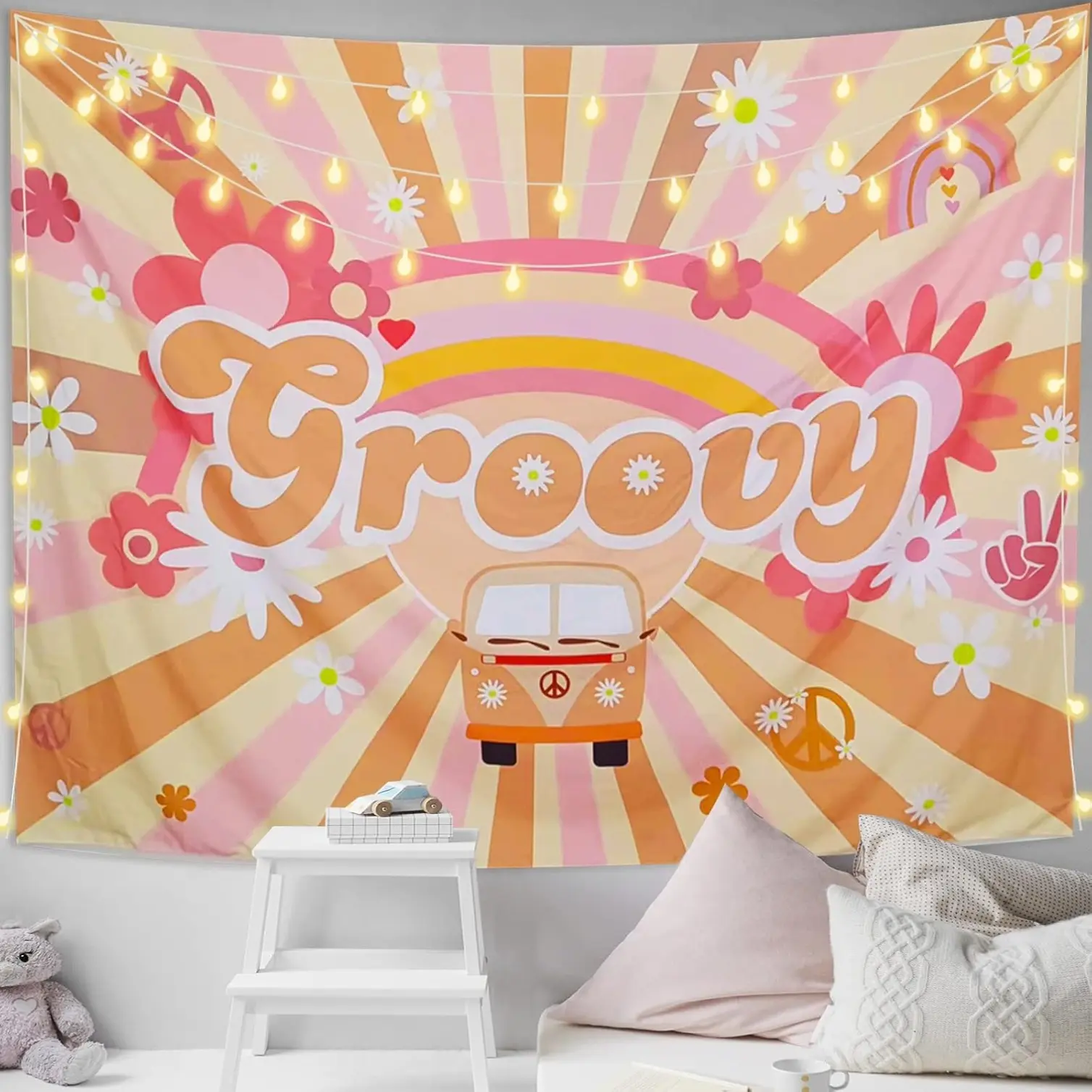 59'x79' Groovy Party Decorations 70s Retro Hippie Tapestry, Vintage Rainbow Tapestry for Bedroom Aesthetic Room Decor Party Backdrop Boho Abstract Tapesties Wall Hanging for College Dorm Decor