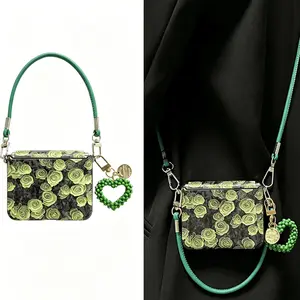 Korean Retro Green Rose Phone Case With Heart Rope for Samsung Flip7 6 5 For Motorola Razr 70 50 60 Ultra Xiaomi MixFlip2 Cover
