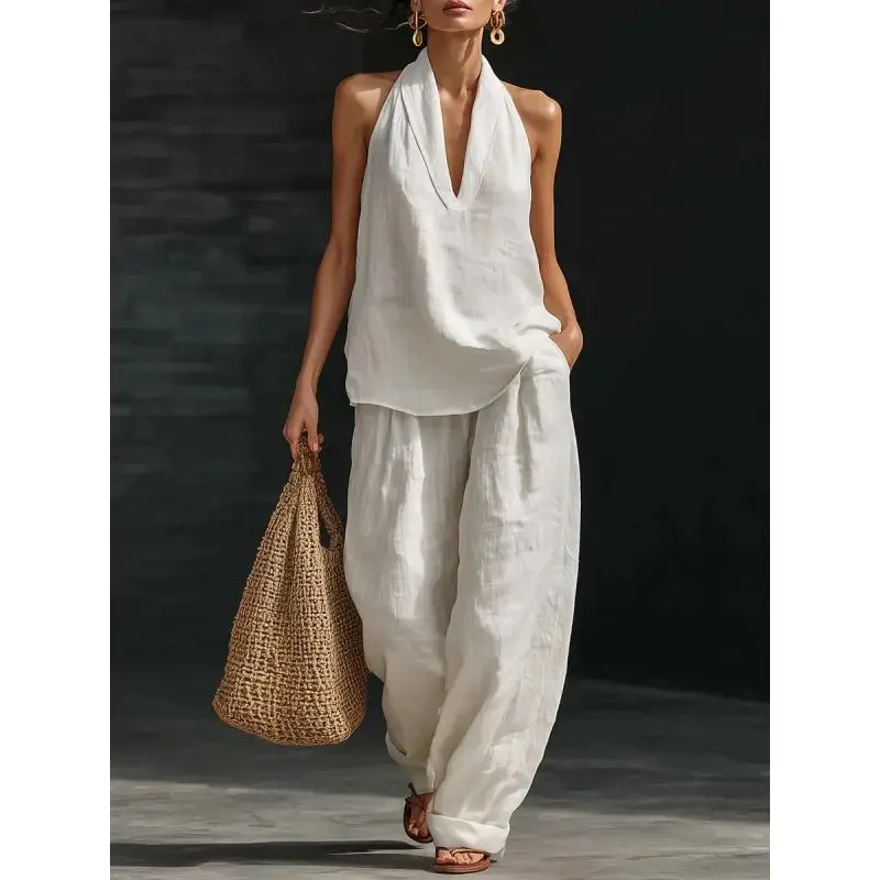 YeeZaa 2 Piece Linen Sets for Women 85% Cotton 15% Linen Halter Top Wide Leg Pant Sets Cotton Linen Casual Two Piece Sets 2 Piece Summer Outfits Sleeveless V Neck Halter Tops Match Baggy Wide Leg Pants Fashion Travel Vacation Beach Trousers with Pockets