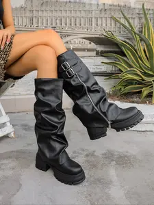 Women's Fashion Belted Mid-Calf Boots, Zipper Design Comfortable Non-Slip Thick Sole Pants Boots, Casual Round Toe Long Leg Boots