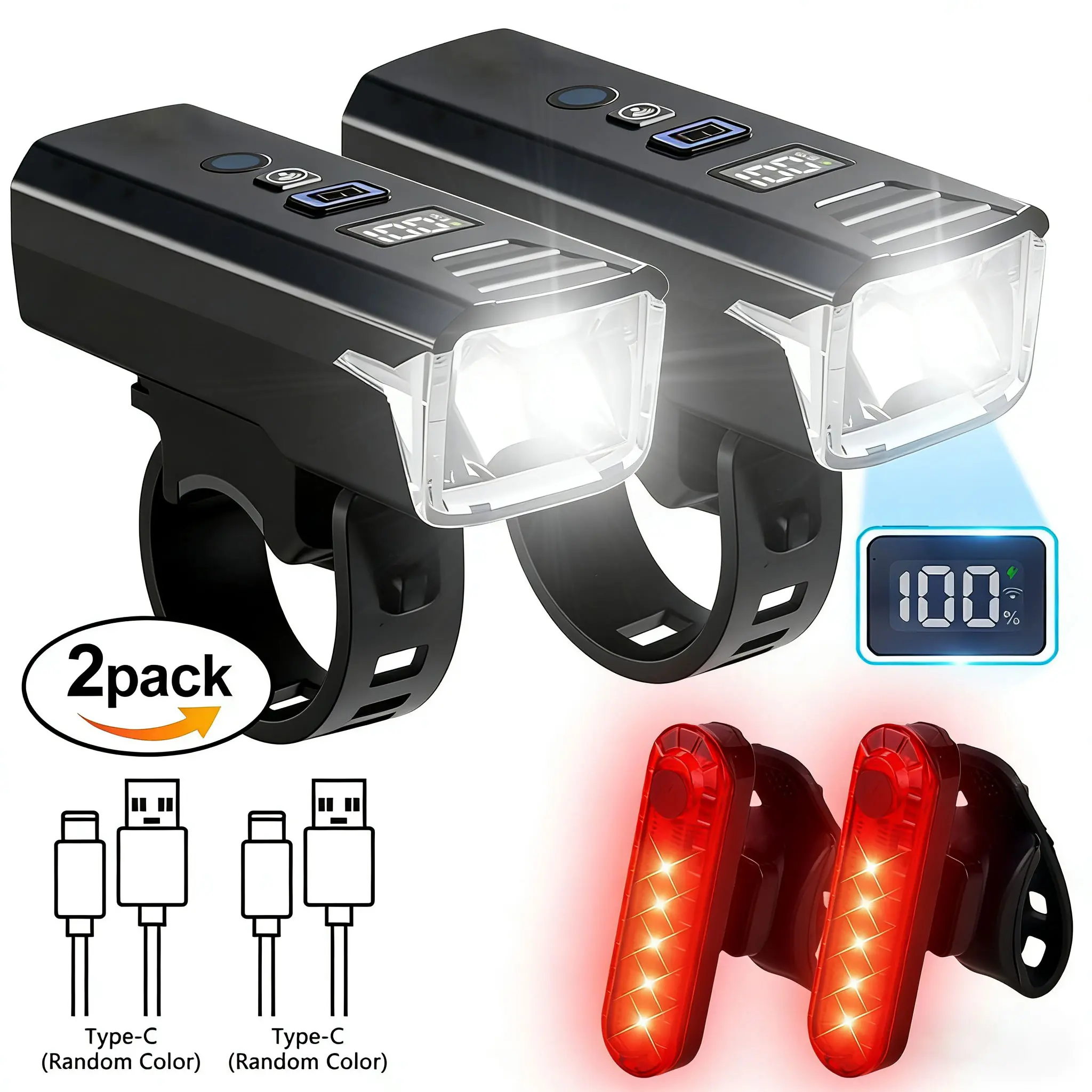 Rechargeable LED Bike Light Set with Smart Night Sensor & Digital Battery Display, 300 Lumens Type-C USB Front Bicycle Headlight, IPX5 Waterproof Cycling Light for Night Riding, Road & Mountain Bike