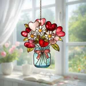 Heart Daisy Mason Jar Window Suncatcher, Romantic Floral Hanging Decor ️