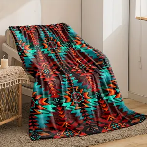 1pc Oversized Turquoise Southwestern Bohemian Indian Tribal Blanket - Large Soft Bedspread, Couch Cover & Beach Towel - Multicolor Southwestern Patterns (Turquoise, Red, Black, Golden, Brown) - All-Season Luxury Bedding Accessory