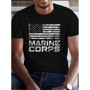 Marine Corps Graphic T-Shirt Men's 100% Cotton Crew Neck Short Sleeve All-Season Regular Fit Knit Fabric Digital Heat Transfer Print Running & Mature Occasions Made in USA Slogan Tees Basic Soft Menswear Top Straight Tshirt Black Casual