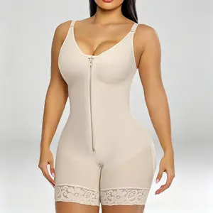 Women's Full Body Shaper Tummy Control Shapewear, Front Zipper Compression Bodysuit with Adjustable Straps & Lace Hem, Seamless Waist Trainer for Postpartum, Fajas Colombianas for Women