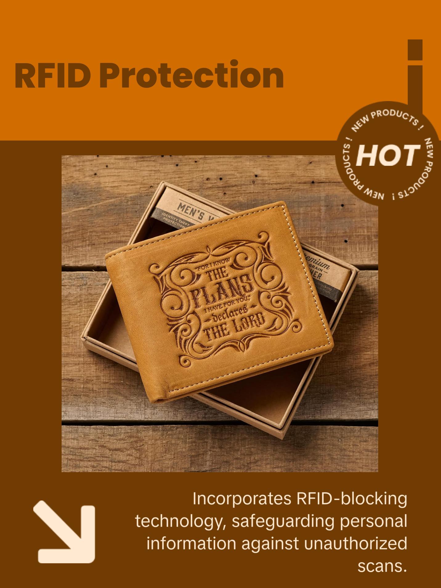 Genuine Leather Wallet for Men and Dads with Scripture Jeremiah 29:11 RIFD Blocking Multi-purpose Slots Credit Card Holders Quality Classic Saddle Tan Leather Bifold Wallet for Men