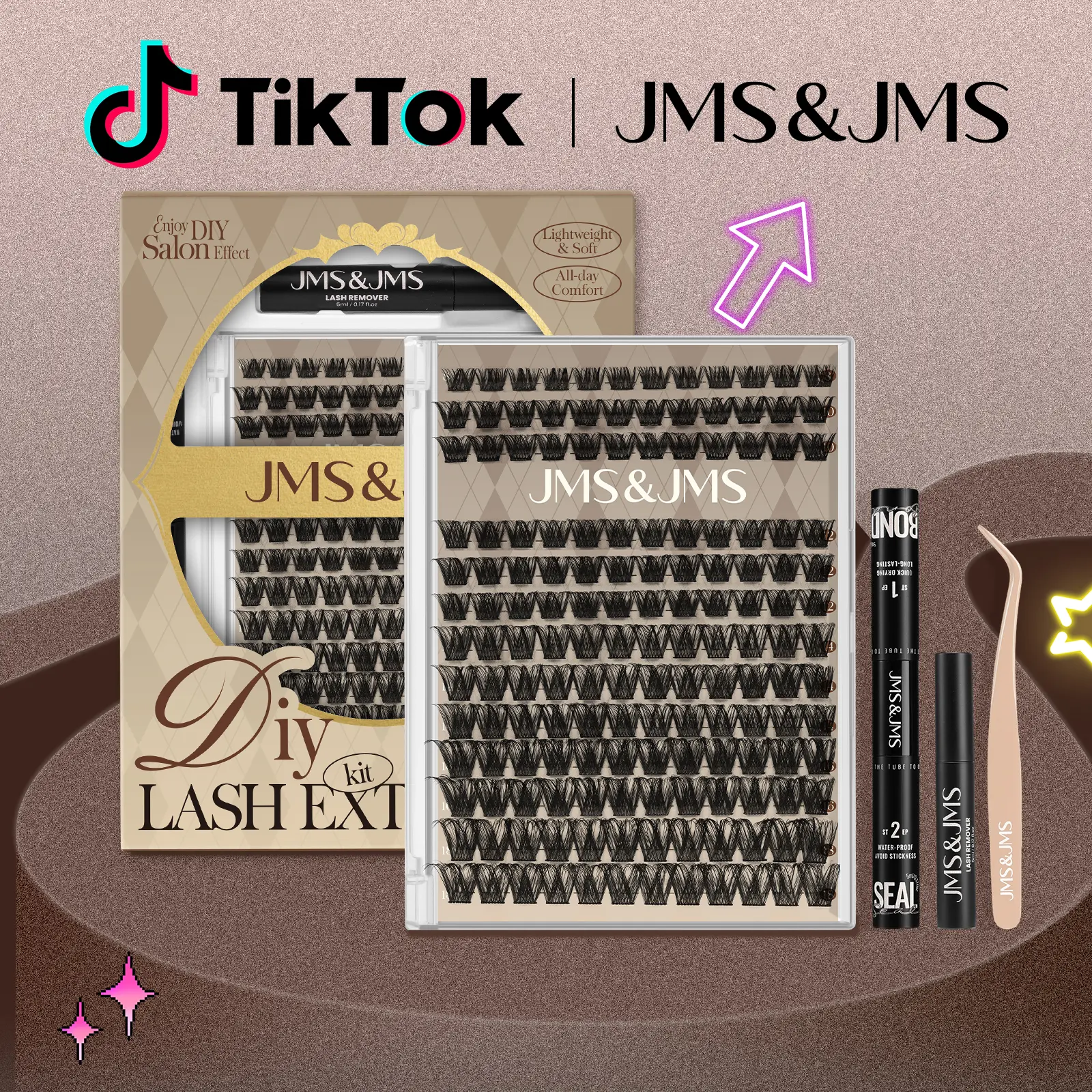 JMS&JMS Miss Bella Eyelash Extension Cluster Kit, 8-18mm D-Curl Dramatic Cluster Lashes with Adhesive, DIY At-Home Cat Eye Make Up for Adults