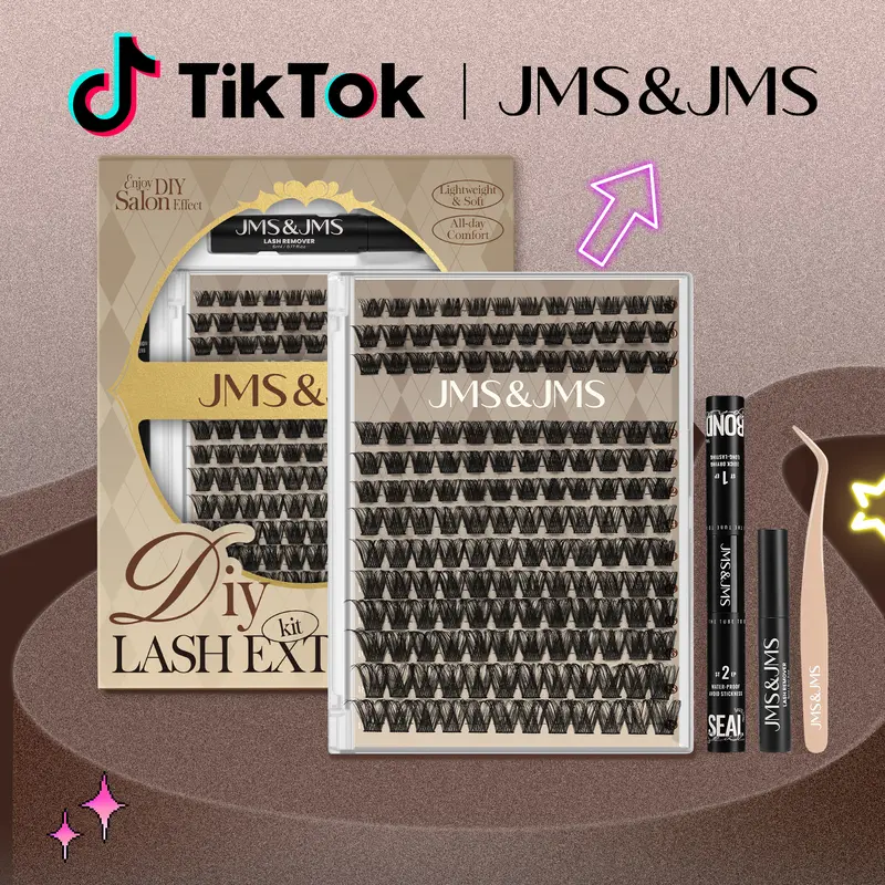JMS&JMS Miss Bella Eyelash Extension Cluster Kit, 8-18mm D-Curl Dramatic Artificial Lashes with Adhesive, DIY At-Home Cat Eye Makeup Products for Adults (Bigger Bright Eyes)