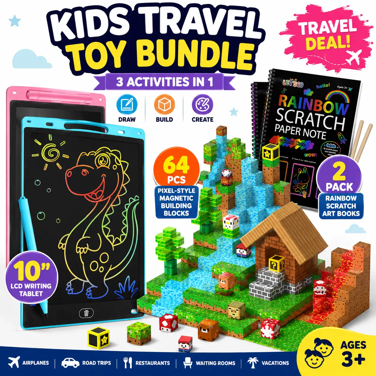 3-in-1 Kids Travel Activity Bundle | LCD Writing Tablet, Rainbow Scratch Art & Magnetic Building Set