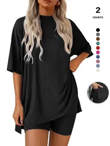 2026 Women's Solid Color Short Sleeve Two-Piece Set, Casual Round Neck T-Shirt and Shorts, Fitted Design, Basic All-Season Comfort