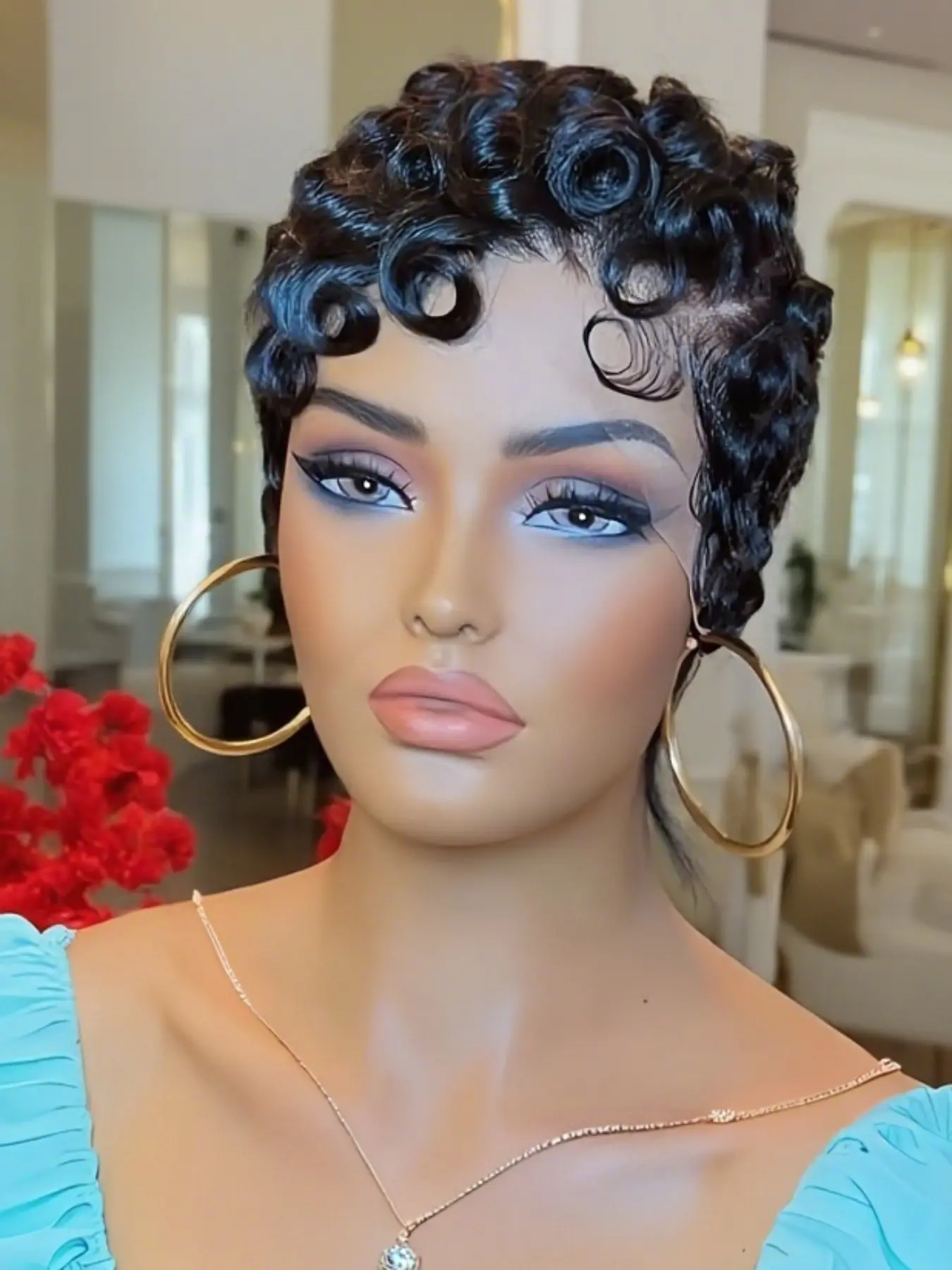 13x4 Lace Front Human Hair Wig for Women Short Layered Pixie Cut with Bangs ColorCurly Wavy Hair Modern And Chic Appearance Lace Front Wigs