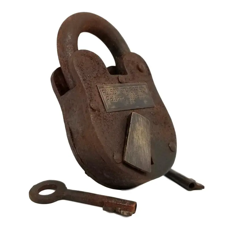 Folsom State Prison Cast Iron 1880 Working Lock with Rusty Finish & Brass Tag - Antique Finish for Home Decor and Garage Use