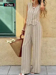 2-Piece Vintage Casual Striped Sleeveless Button Vest Top and Wide Leg Pants Set, Summer Women's Fashion, Elegant Slim Fit, Womenswear Garments
