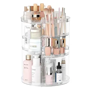 Rotating Makeup Organizer - DIY 8 Adjustable Layers Spinning Organizer with Brush Holder, Multi-Function Storage Carousel for Vanity Bathroom