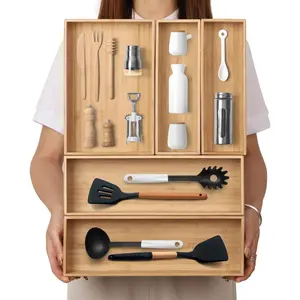 Stackable Bamboo Drawer Organizer Set of 5, Laminated Wood Drawer Storage Bins for Kitchen Bedroom, Suitable for Storing Kitchen Utensil Flatware & Silverware, Mixed Sizes 13.4''x4.5''*2+10.2''x3.3''*2+10.2''x6.7''*1