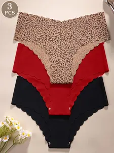 3 Pack Women's Scallop Edge Leopard Print & Solid Color Seamless Daily Athletic Briefs Womenswear