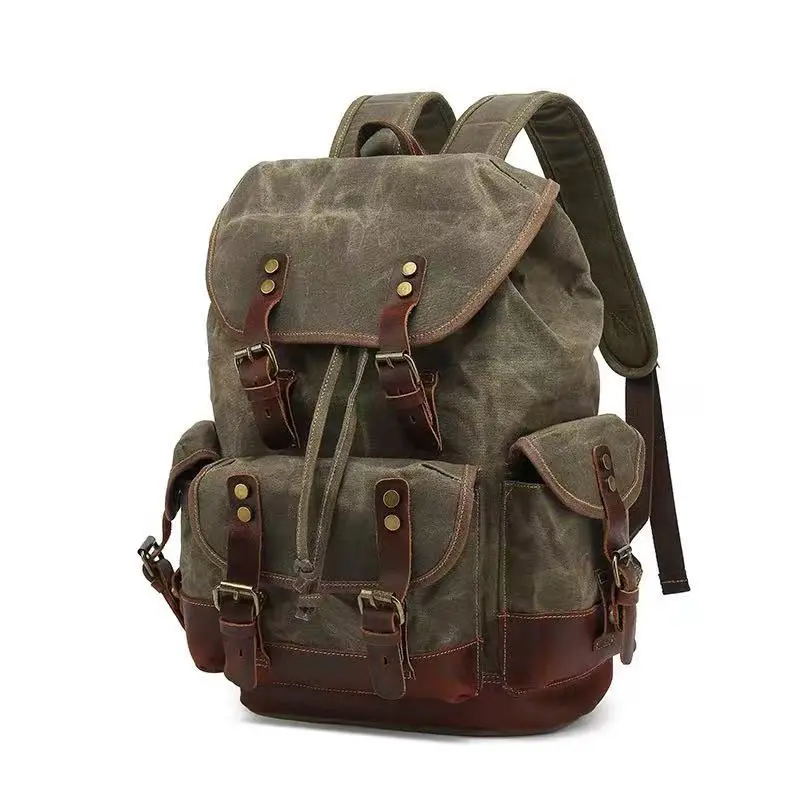 Vintage Hiking Trekking Rucksack, Durable Waxed Canvas & Leather Backpack, 22L Large Capacity Travel Bags with Magnetic Closure for Work & Commuting, Durable Backpack