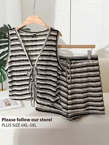Women's Plus Size New Arrival Vest Shorts Two-Piece Set Striped Casual Style, Comfortable Summer, Fashionable Women's Clothing