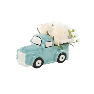 Faux Rose in 5.2" Blue Ceramic Truck Vintage Farmhouse Decorative Accent for Home Decoration & Flower Arrangement