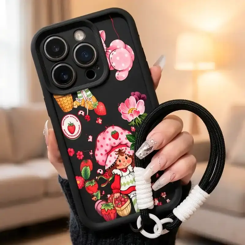 Cute Strawberry Dessert Cartoon Pattern Aesthetic Cellphone Case with Crossbody Lanyard, Slim Shockproof Anti-Drop TPU Casing for iPhone 17,16,15,14 Pro Max,13,12,11,XR,XS Plus,Air - Cute Phone Accessories, Smartphone, Protector