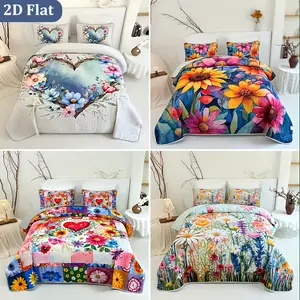 [Christmas Decorations] 2D Flat 2/3pcs Colorful Flowers And Plants Quilted Quilt, 1pc Quilted Quilt+ 1/2pcs Pillowcases, Soft Breathable Comfortable Portability Hypoallergenic Machine Washable Bed Cover Bedding Room Decor, Twin/ Queen/ King Size Chri